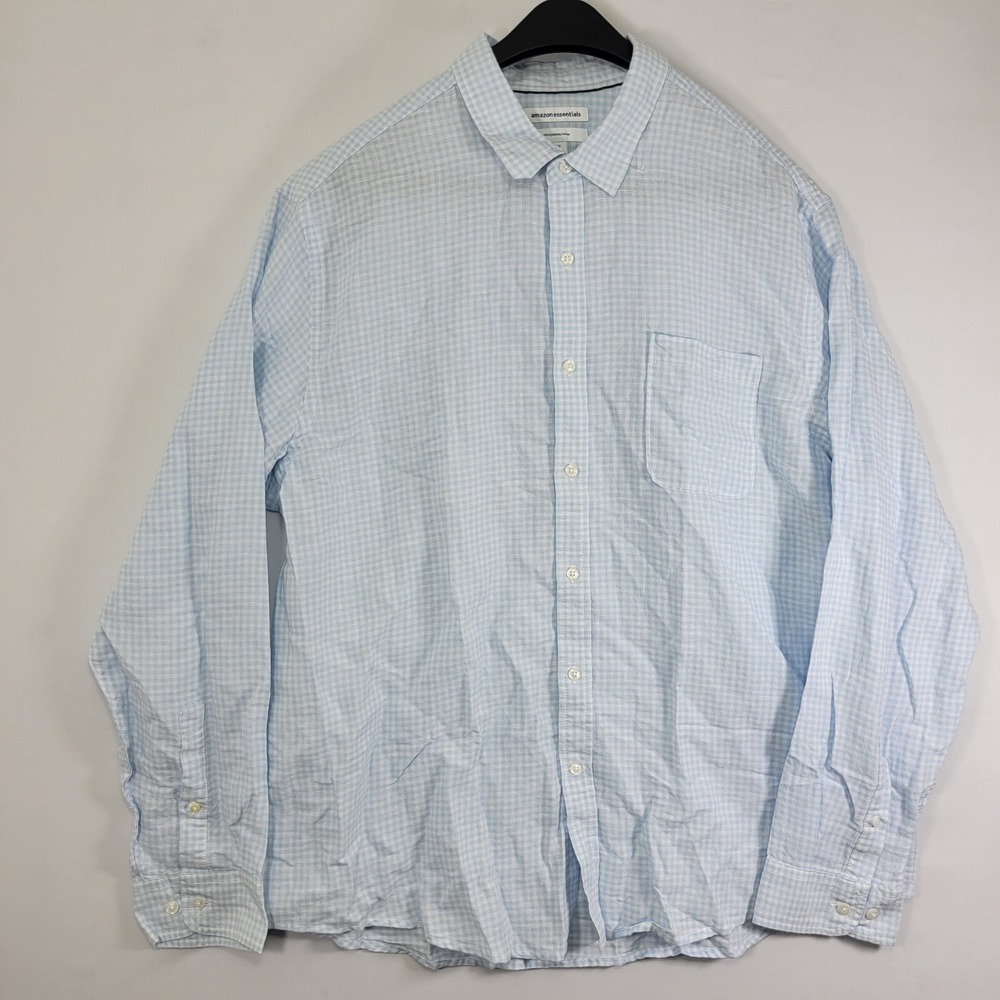 Amazon Essentials Mens Long Sleeve Button Down Blue Checked Linen Blend SLIM XXL